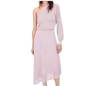 Zara Dress L Pink Midi Stretch Knit Sheer Lined One Shoulder Sparkle Party NYE